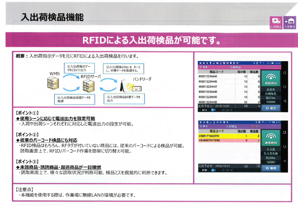 入出荷検品機能　RFIDによる入出荷検品が可能です。